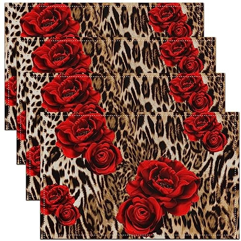 Leopard Print Tischsets für Kinder Mädchen,Rote Rose wasserdichte Tischsets,Braun Gepard Platzmatten für Tisch Essen,Safari Wildlife Tier Blüte Floral Oil Proof Waschbare Tischsets,45Wx30L Set von 4