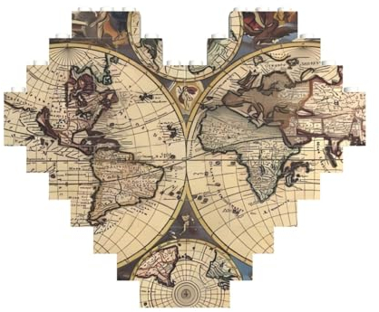 Alte Karte, Weltkugel-Druck, Baustein, Herz, Baustein, personalisierbar, Ziegelstein-Puzzle, für Männer und Frauen, Geburtstag, Valentinstag, Geschenke