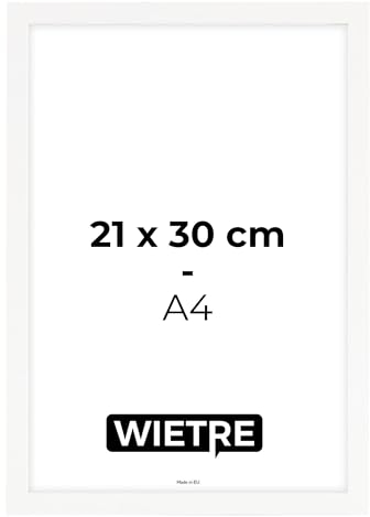 WIETRE Set di 4 cornici portafoto formato A4, 21 x 30 cm, in legno MDF bianco, cornice per poster, vetro acrilico infrangibile, da appendere e appoggiare, per foto, immagini e poster