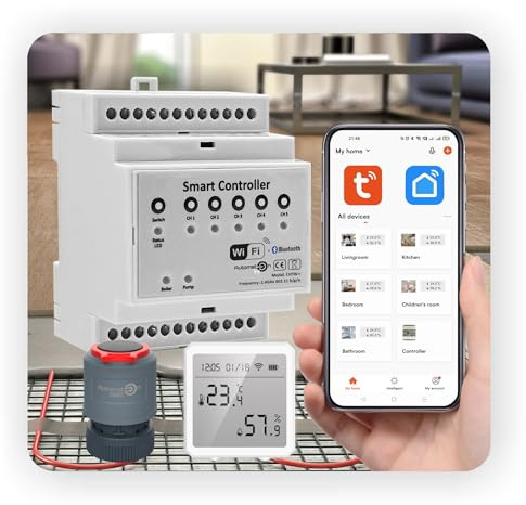 Automat-on Set für Fußbodenheizung mit 4x Temperatursensor Stellantrieb Fussbodenheizung 230V und Smart Home Controller WiFi Kompatibel mit Alexa Google Home Assistant Tuya Steuerung für 4 Räume