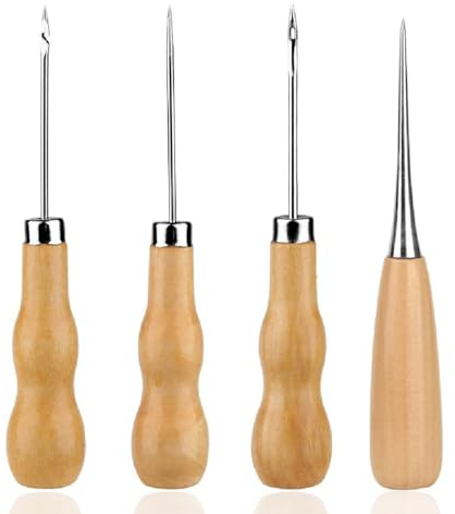 LZOWUUL Lezna de Costura de 4 Piezas, lezna con Mango de Madera, Perforadora, lezna de Cuero para Coser, perforar