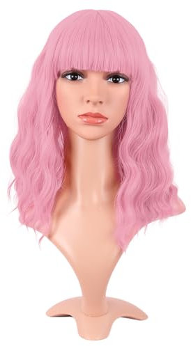 MapofBeauty 14 Zoll/35 cm Kurze Gewellte Lockige Frauen Frische Helle Synthetische Gewöhnliche Flache Pony Bob Perücke (Hell Rosa)