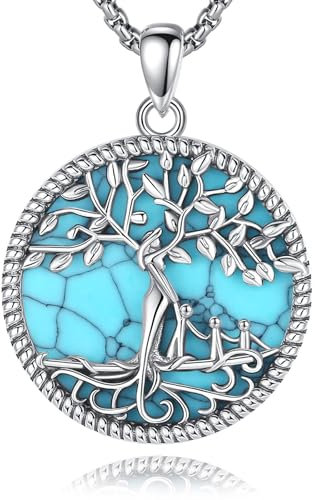 AEONSLOVE Collier Arbre de Vie Femme avec Turquoise Pendentif Arbre de Vie Argent Sterling 925 pour Maman Fille Bijoux Arbre de Vie Cadeau Fête des Mères (3 enfants)