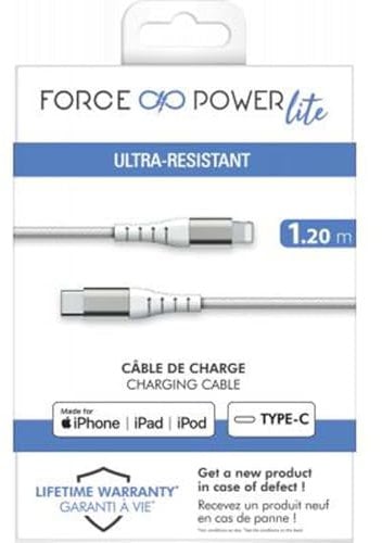 Câble Renforcé USB C/Lightning 1,2m 3A Garanti à vie Blanc - 100% Plastique recyclé Force Power Lite