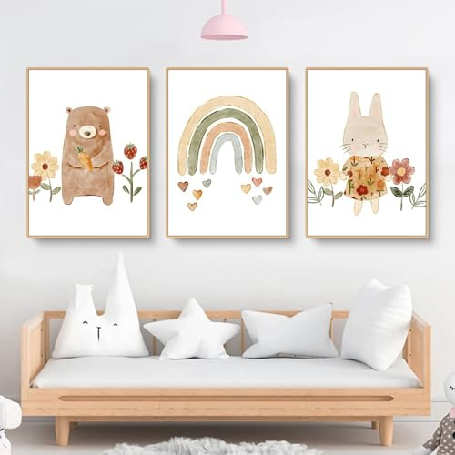 champracer 3er Set Poster für Kinderzimmer Boho Deko Bilder - Rosa Blume Sonne Regenbogen Bilde Wanddeko, Ohne Rahmen Boho Wandposter (21 x 30 cm,C)