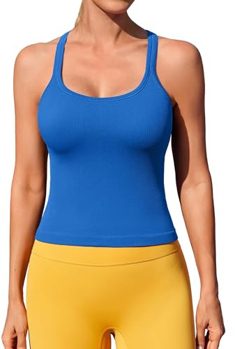 ATTRACO Yoga Womens Vest with Built in Bra Gym Tank Top Racerback Sport Running Tanks Workout Shirts Blue L