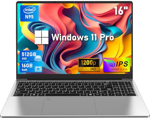 NIAKUN - computadora portátil de 16 pulgadas, portátil para juegos, 16 GB RAM 512 GB SSD, procesador N95, FHD 1920 x 1200, ángulo abierto 180, teclado retroiluminado, Windows 11 Pro, desbloqueo de