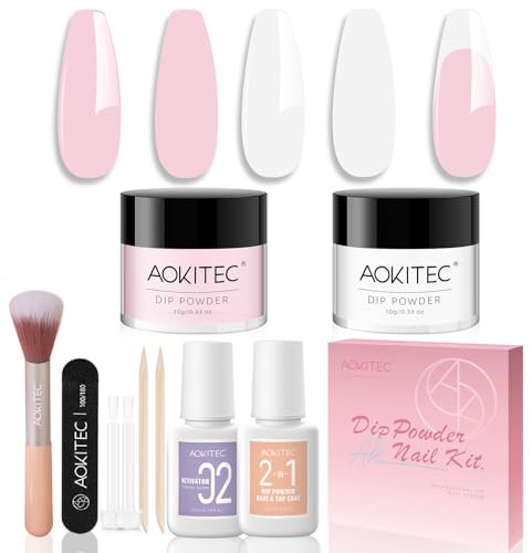Aokitec Dip Powder Nail Kit - White & Pink Nail Dipping Powder Kit with 2-in-1 Dip Base & Top Activator Basic Nail Tools for DIY French Nail Art, Easy to Carry & Use, Holiday Series Nail Set