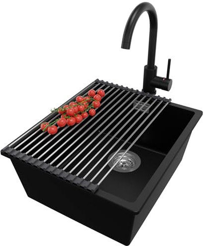 PRIMAGRAN Lavandino da Cucina Nero 41x47cm, Lavello in Granito a 1 vasca + Rubinetto 32x20cm + Set di accessori, Lavabo Incasso al mobile 45cm - London Slim S094