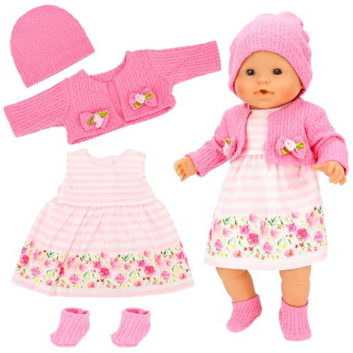 4 Sets Baby Doll Dress Knitted Hat Outfit Dolls Accessories with Baby Doll Socks for 14 Inch to 17 Inch Dolls (Pink and Flowers Style)