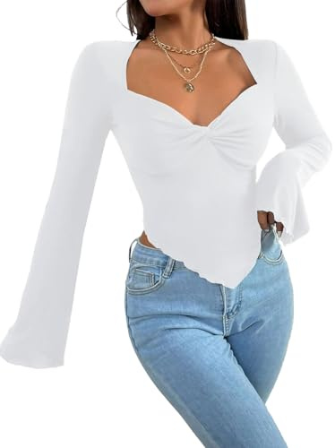 Sthxyfaith Women Off Shoulder Long Sleeve Shirts Double Lined Fitted Crop Waist Cinched Tops Y2K Tight T Shirts White X-Large