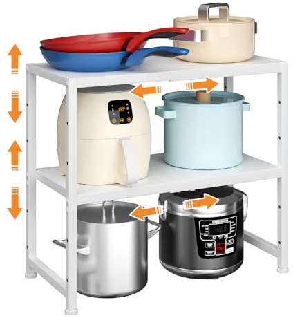 2-Tier Expandable Kitchen Storage Shelf,150LBS Heavy Duty Metal Shelving Units For Small Appliance,Adjustable Pots and Pans Organizer Rack Shelves For Kitchen Counter Under Cabinet Garage Pantry,White