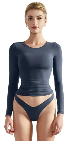 SUUKSESS Women Double Lined Fitted Basic T Shirts Crew Neck Long Sleeve Crop Top