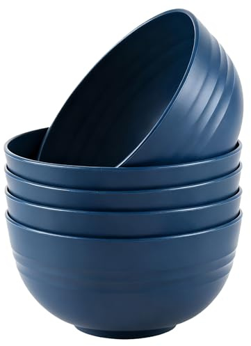 Plastic Bowls,24oz Set 5,Ribbed BPA Free Microwave Safe Navy Blue | Unbreakable horizontal ribbed plastic bowls with 24oz capacity for ramen, oatmeal and daily meals