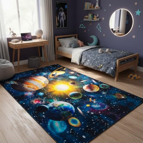TAPISO Cosmo Game Teppich Kinderzimmer Planeten | Kinderteppich Spielteppich Kinder Bunter Lernteppich Weltraum | Kurzflor, rutschfest, Pflegeleicht, Pädagogisch Dekorativ 180 x 250 cm