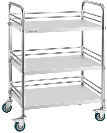 VEVOR Chariot de Service Utilitaire 3 Niveaux, Desserte en INOX avec Roues Verrouillables, pour Soins Médicaux Hôpital Clinique Restaurant Cuisine et Salon de Coiffure, Chariot de Laboratoire Mobile