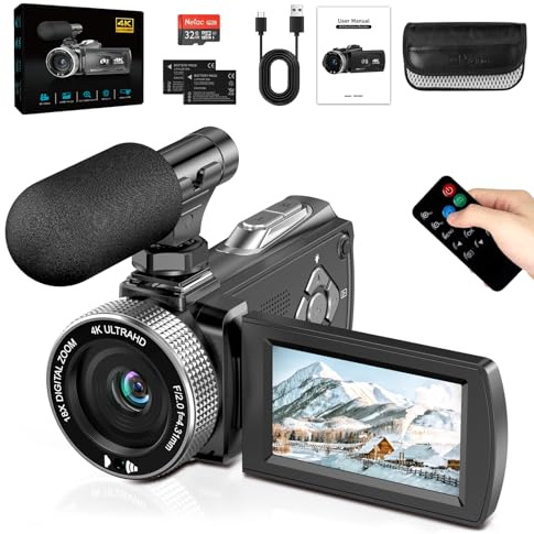 Caupureye Videocámara 4K Cámara Video 48 MP, Cámara Vlog para Youtube, Zoom Digital de 18X, Pantalla IPSde 3 y 270°, Luz LED de Relleno, Cámara de Video para Micrófono, 2 Baterías, Tarjeta de 32 GB