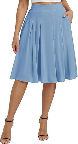 Belle Poque Damen Elegante Midi Rock Hochtaillierter A-Linie Basic Plissee Skater Röcke Mit Taschen