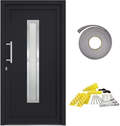 Foknhdi Porta di casa antracite, 108 x 200 cm, porta d'ingresso in PVC con chiusura a 5 punti e vetro ISO, profilo 70 mm, porta d'ingresso laterale con maniglia e cilindro a sinistra verso l'interno