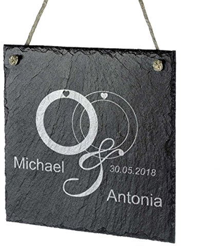 polar-effekt Schiefertafel Personalisiert mit Gravur - Hochzeitsgeschenk Türschild 20x20cm - Geschenk für Brautpaare und Familien zum Einzug oder Hochzeit - Motiv Zwei Ringe, EIN Paar