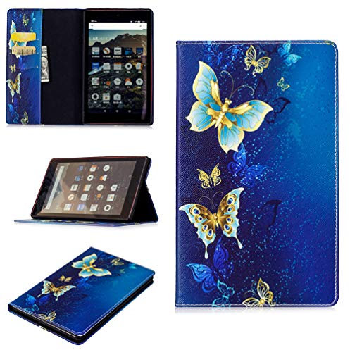 LingDan Protective Cover for Amazon Fire HD 8 2018/2017/2016 (8 Inch) Tablet PU Leather Flip Cover Butterfly Pattern with Card Slot, Built Stand Auto Wake and Sleep Function Protective Shell, 04