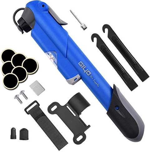 Diyife Bike Pump with Pressure Gauge, [120 PSI][Perfect Full Set] Mini Bicycle Pump, Ball Pump with Needle, Glueless Patch Kit, Cycle Valve Caps and Frame Mount Fits Presta &Schrader Valve(Blue)
