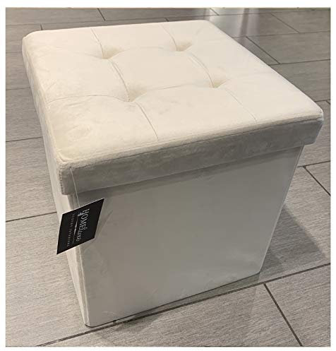 HOME LIVING Luxurious Foldable Brushed Velvet Square Storage Box Seat Ottoman (Beige)