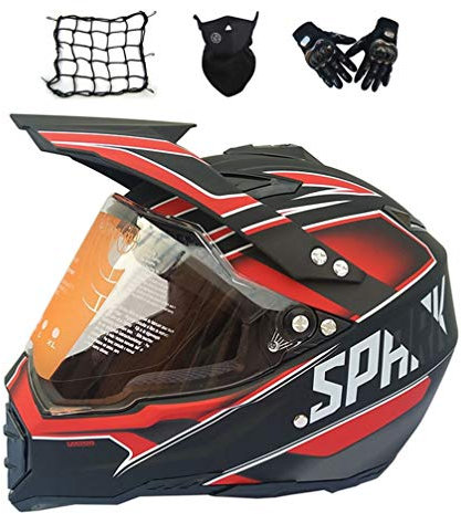 Casque Motocross avec Visiere (Noir et Rouge/ 4 Pcs) Casque Cross Adulte Casque VTT Integral Enduro Moto Velo Quad ATV Downhill Scooter avec Gant Masque Filet à Bagages,S