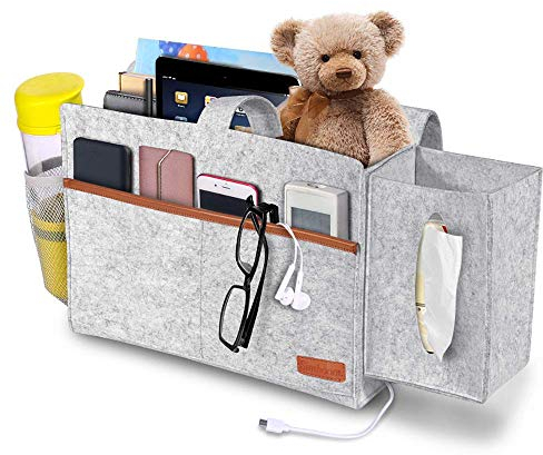 SIMBOOM Bett Tasche, Filz Bett Organizer Hängeaufbewahrung mit Tücherbox und Flaschenhalter Anti-Rutsch Sofa Bettablage Zeitungsständer für Schlafzimmer Schlafsaal - Hellgrau