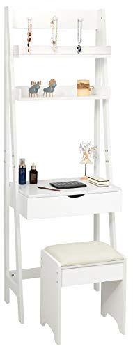 GIANTEX Mesa de Tocador con Taburete Acolchado, Mesa de Maquillaje con Espejo Abatible, 2 Estantes y 3 Ganchos, Mesa con 6 Compartimentos Ocultos, Blanco