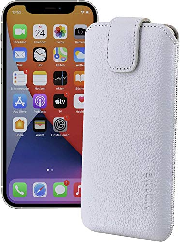 Suncase ECHT Ledertasche Leder Etui Tasche kompatibel mit iPhone 12 Mini (5.4) Hülle (mit Rückzugsfunktion und Magnetverschluss) vollnarbig-Weiss