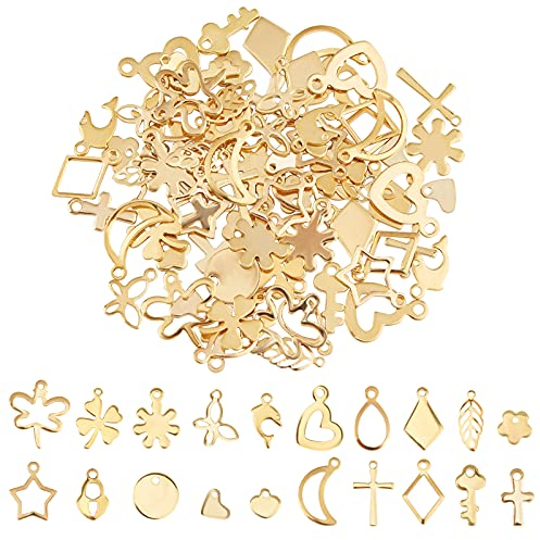 UNICRAFTALE 120Stk 20 Styles Edelstahl Anhänger - Golden Mond Stern Herz Kreuz Charms Set - Libelle Schmetterling Blatt Blume Schmuck DIY