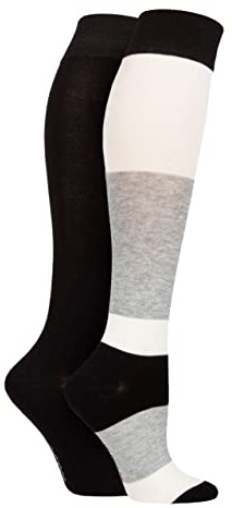 SockShop Bamboo Knee High Socks - Womens Long Socks in Plain and Striped Designs, Fun, Fashionable in Bright Colours, Soft and Breathable for Comfort, Pack of 2 Pairs Size 4-8 Monochrome 4-8