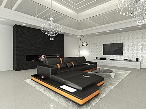 Ledersofa Messana L Form Sofa - mit LED Beleuchtung, verstellbare Kopfstützen, Recamiere/Lederfarben wählbar/Ausrichtung Ottomane wählbar (Ottomane Links, Schwarz-Orange)
