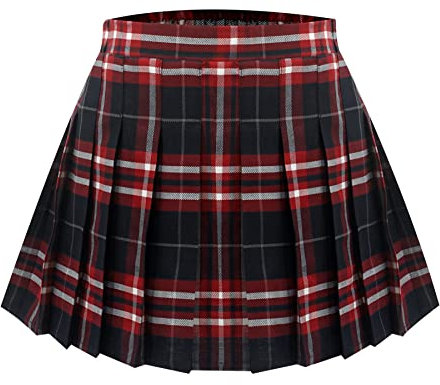 Maeau Jupe Plissée Courte à Carreaux Fille Ecoliere Mini Jupe Écossaise Elastique a la Taille Haute Tartan Kilt Ecossais Jupe Évasée École de Collège Patineuse Tennis Été Printemps Rouge 12-13 Ans
