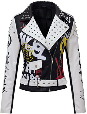 RISISSIDA Frauen Kunstleder Jacke Nieten Frühling Herbst Winter Mode, Moto Biker Trendy Kleidung Streetwear Gürtel, 77 Schwarz-weiß, S
