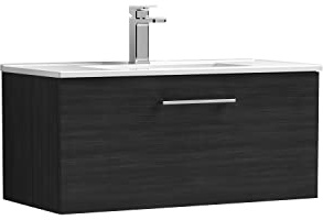 nuie ARN625B Arno Modern Bathroom Wall Hung 1 Drawer Vanity Unit with Minimalist Ceramic Basin, 800mm, Woodgrain Charcoal Black