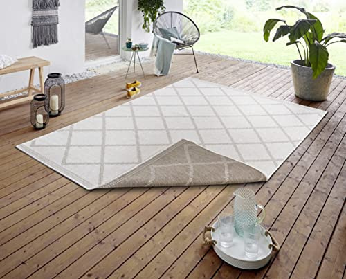 NORTHRUGS Corsica Indoor and Outdoor Rug 80 x 150 cm - Reversible Rug Weatherproof Modern Geometric Pattern Rug for Balcony Patio Garden Conservatory Living Room Rug Waterproof in Linen