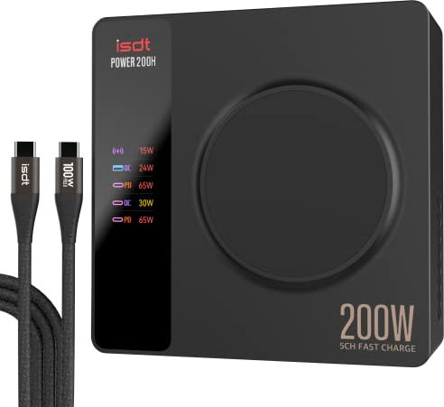 ISDT Power 200 Seires USB C Charger,200W Phone Charger with 4 USB+1 Wireless Charger Ports,LCD Display Multifunction Desktop Charger,Fast Charger Compatible with iPhone,Tablet,iWatch ect (Power 200H)