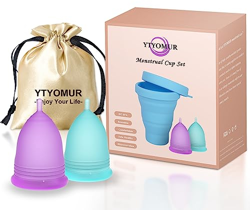 YTYOMUR Menstrual Cup Set, 2 Soft Period Cup Come with Collapsible Cleaner Cup - Feminine Hygiene Tampon and Pad Alternative, Reusable Premium Silicone Microwavable Friendly