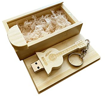 Lanyincao Clé USB en forme de guitare 2.0/3.0 en bois de bambou dans une boîte en bois (USB 2.0/128 Go)