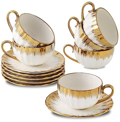 LETAOTAO Cappuccino Cups with Saucers, 7 oz Porcelain Double Espresso Cups Set, Ceramic Turkish Coffee Cups with Gold Trim, Tea Cups Set of 6, Cafe Cups for Latte, Mocha, Au Lait, White