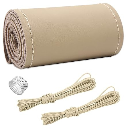 Ziciner Lenkradbezug aus echtem Leder, Stich auf Wrap, atmungsaktiver Anti-Rutsch-Auto-Lenkradschutz für max. Durchmesser 38,1 cm, DIY Nähen mit Nadelfaden (Beige, glänzend)