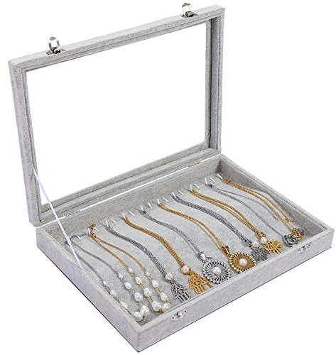 EONGOA Jewelry Tray Necklace Organizer Box with Clear Lid Velvet Tray for Jewelry Storage Display Case 20 Hooks Insert Necklaces Pendants Dustproof Necklace Jewelry Box Organizer & Tray (Grey)