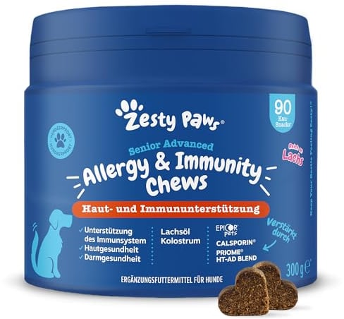 Zesty Paws Senior Aller-Immune Chews | Dog Supplements for Itchy Skin | Dog Anti Itch | Immune Function | Itchy Skin Support | Salmon Oil, Omega 3 & Fatty Acids | 90 Count