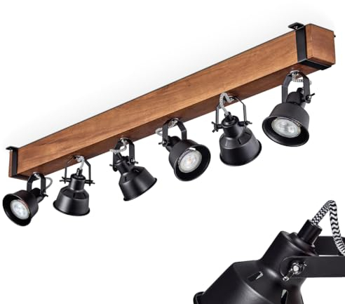 HOFSTEIN Deckenleuchte Safari, moderne Deckenlampe aus Metall/Holz in Schwarz/Dunkelbraun, Deckenleuchte im Industrial Design mit verstellbaren Schirmen, 6-flammig, 6 x GU10 ohne Leuchtmittel