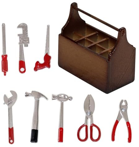 Miniatur Werkzeugkasten, Wichtel Werkzeug 8 Stück Werkzeugkiste Holz mit Werkzeug Set Miniatur Holz Toolbox Miniatur Deko