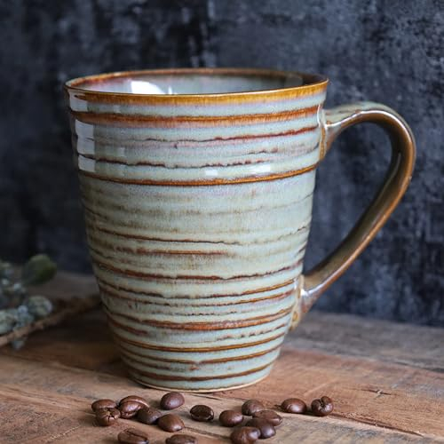 Kaffeetasse Groß, 500 ml, aus Steingut, Jumbobecher, Kaffeebecher, Becher, Tasse, Kaffeebecher groß in grün braun, reaktive Glasur