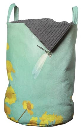 ABAKUHAUS Libelle Wäschesack, Blühende Landschaft mit Gänseblümchen auf Gras und Libellen in der Luft, Wäschekorb mit Griffen Kordelzugverschluss, 33 cm x 50 cm, Grün Gelb