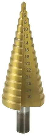 Stufenbohrer DEDRA 4-30 mm, HSS-Stahl, TiN-Beschichtung, zylindrischer Schaft („Tannenbaum“-Form), 10 Stufen, geeignet für Stahl, NE-Metalle und Kunststoffe